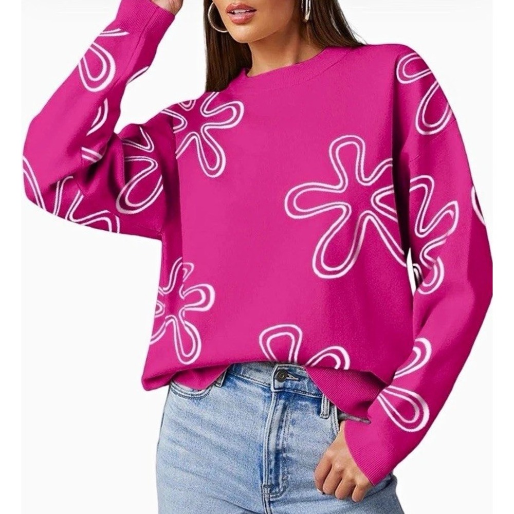 Dokotoo Women's Pink Floral Knit Pullover Sweater Crew Neck Long Sleeve LG